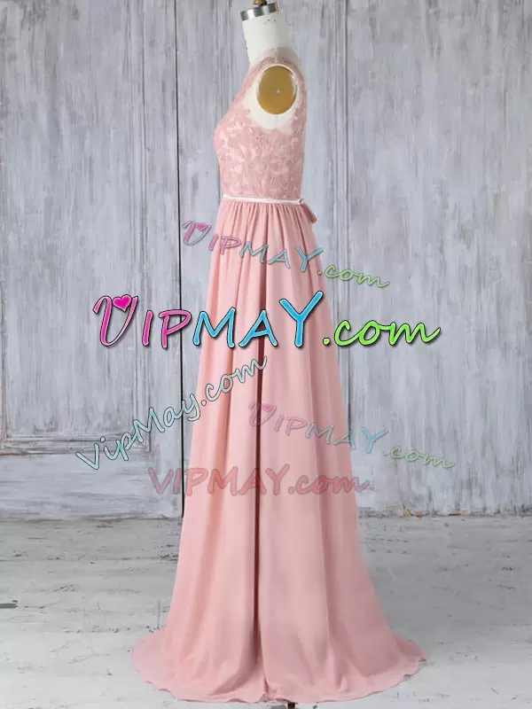 Chiffon Scoop Sleeveless Sweep Train Backless Appliques Bridesmaid Dresses in Pink