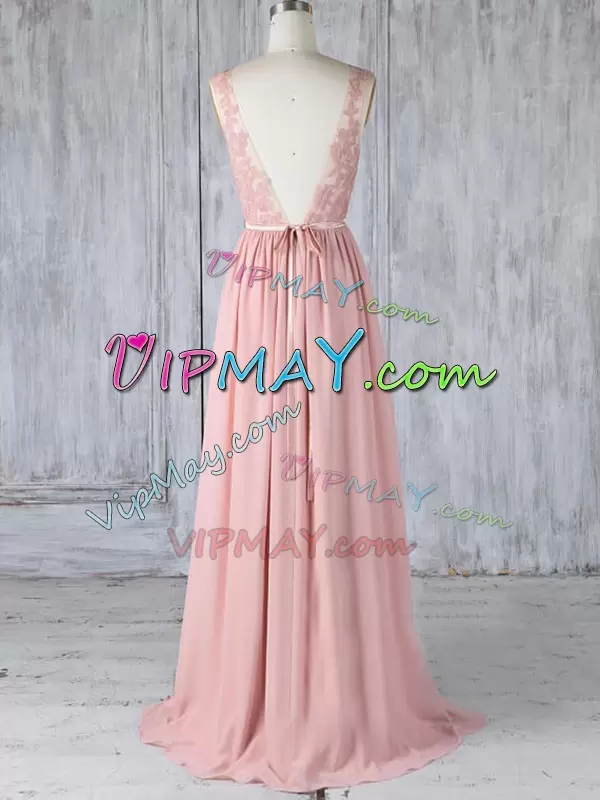 Chiffon Scoop Sleeveless Sweep Train Backless Appliques Bridesmaid Dresses in Pink