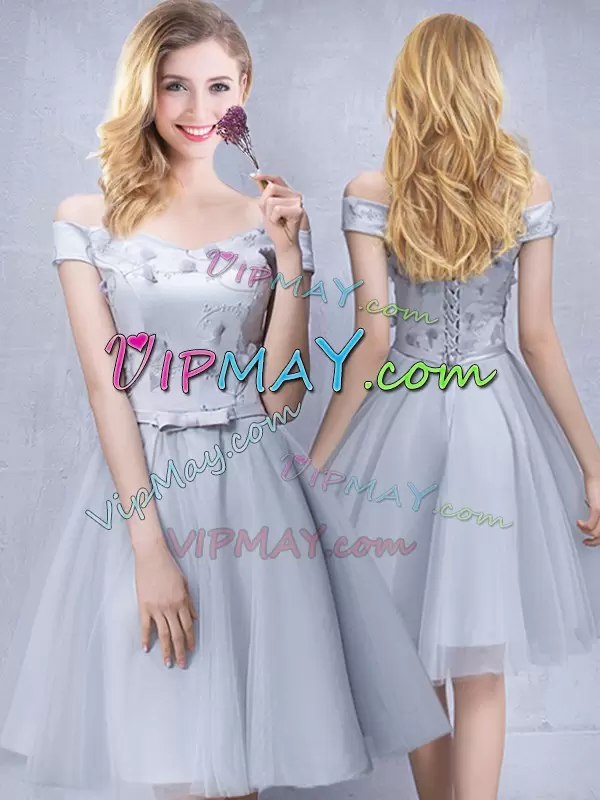 Ideal A-line Bridesmaids Dress Grey Off The Shoulder Tulle Sleeveless Knee Length Lace Up