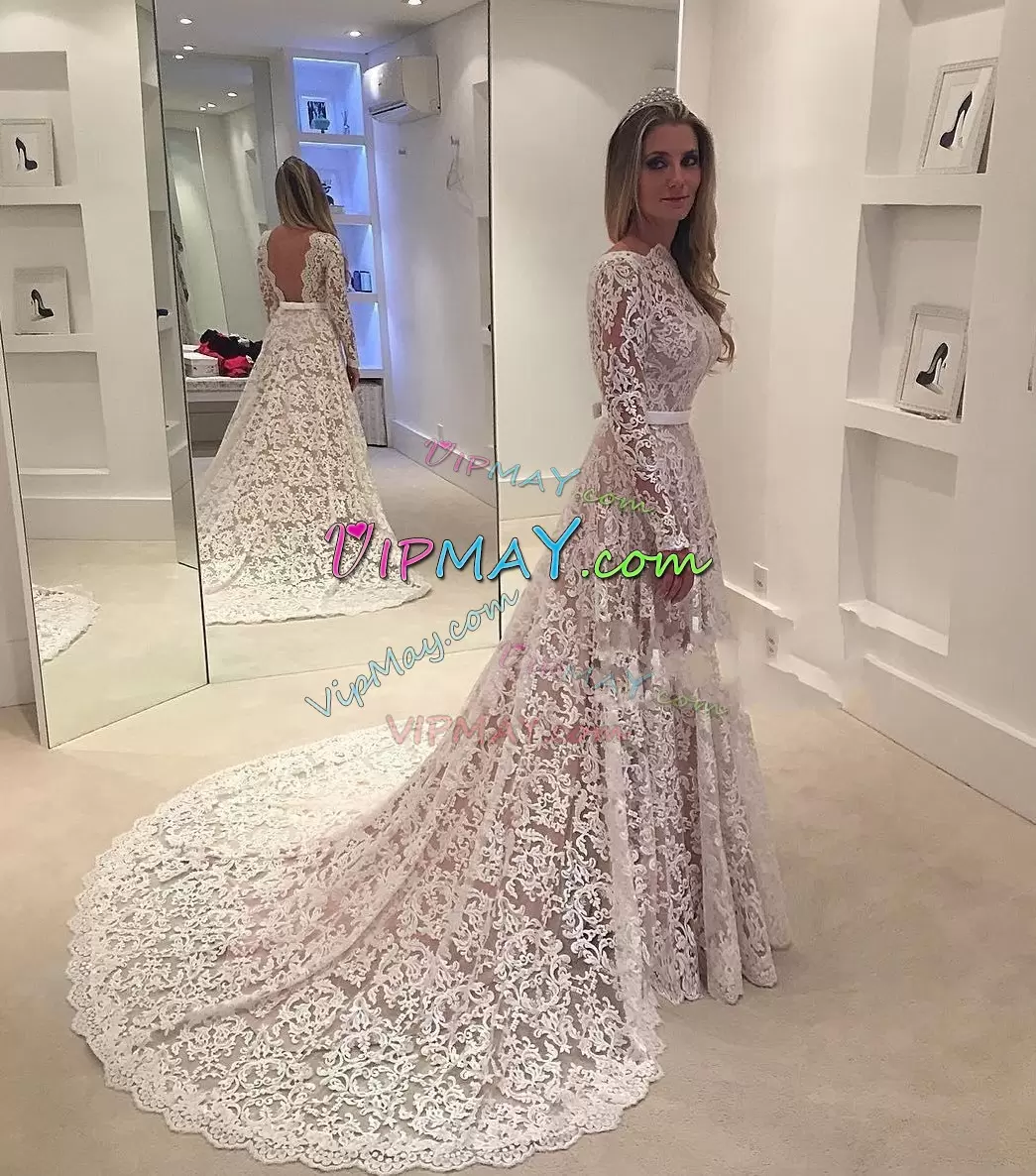 Court Train A-line Wedding Dress White Scalloped Lace Long Sleeves Backless