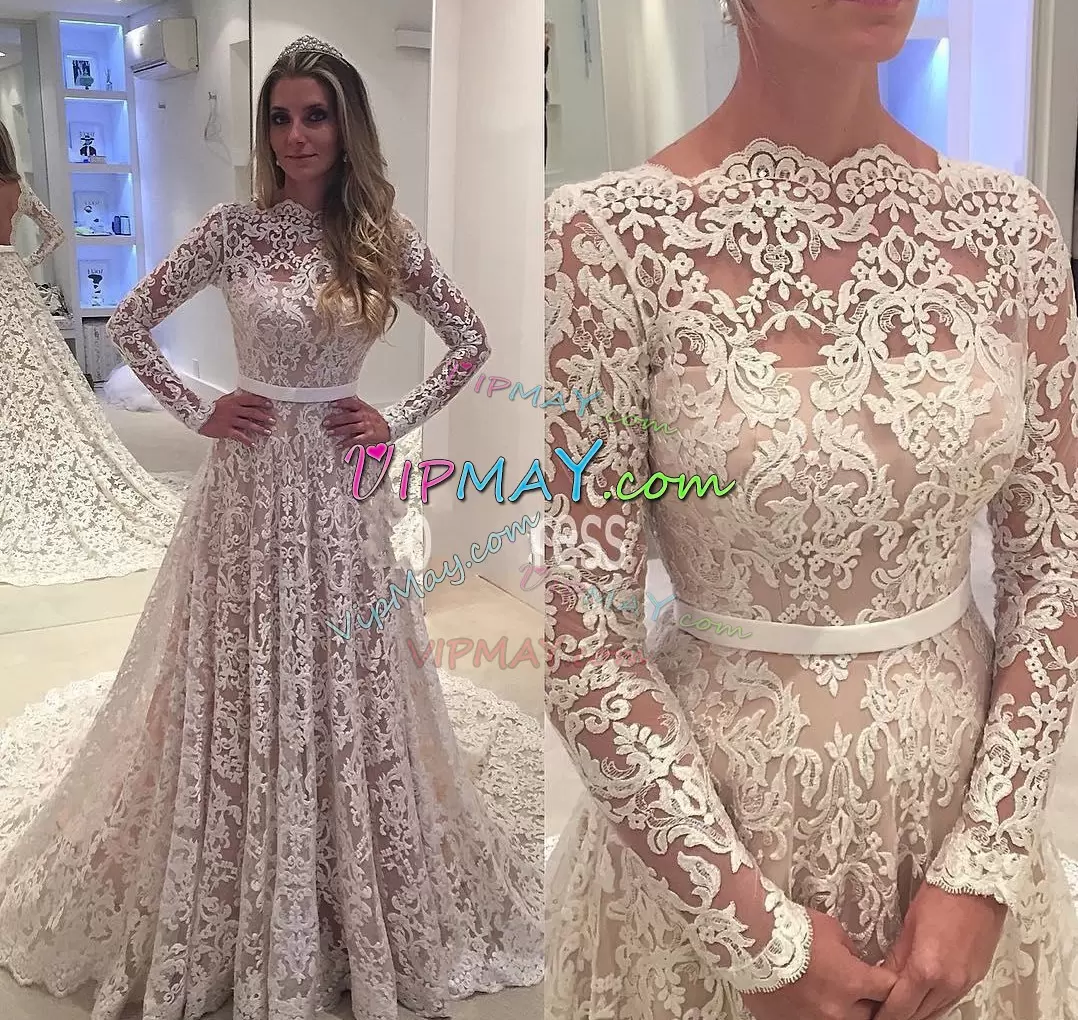 Court Train A-line Wedding Dress White Scalloped Lace Long Sleeves Backless