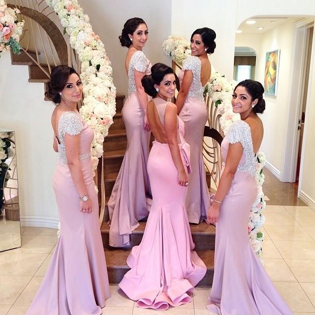 Pink and Lavender Cap Sleeves Floor Length Beading Backless Bridesmaid Gown V-neck