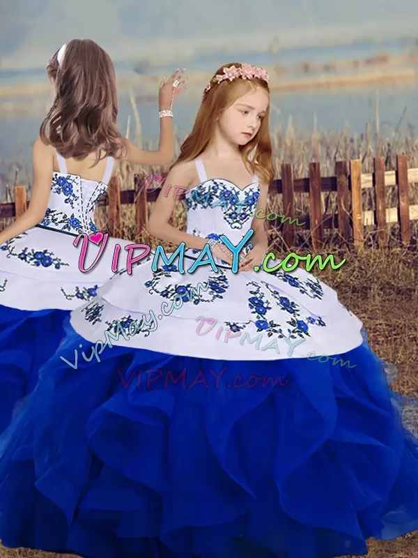 Ball Gowns Winning Pageant Gowns Royal Blue Straps Organza Sleeveless Floor Length Backless