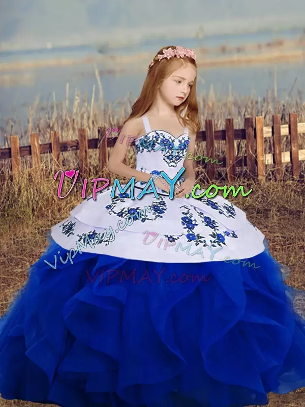 Ball Gowns Winning Pageant Gowns Royal Blue Straps Organza Sleeveless Floor Length Backless