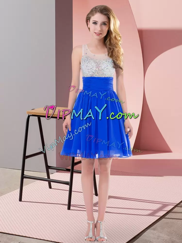 Royal Blue Sleeveless Mini Length Beading Side Zipper Bridesmaid Gown Scoop