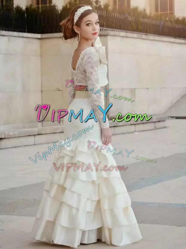 Long Sleeves Scoop Floor Length Beading and Lace and Ruffled Layers and Bowknot Wedding Dresses Scoop