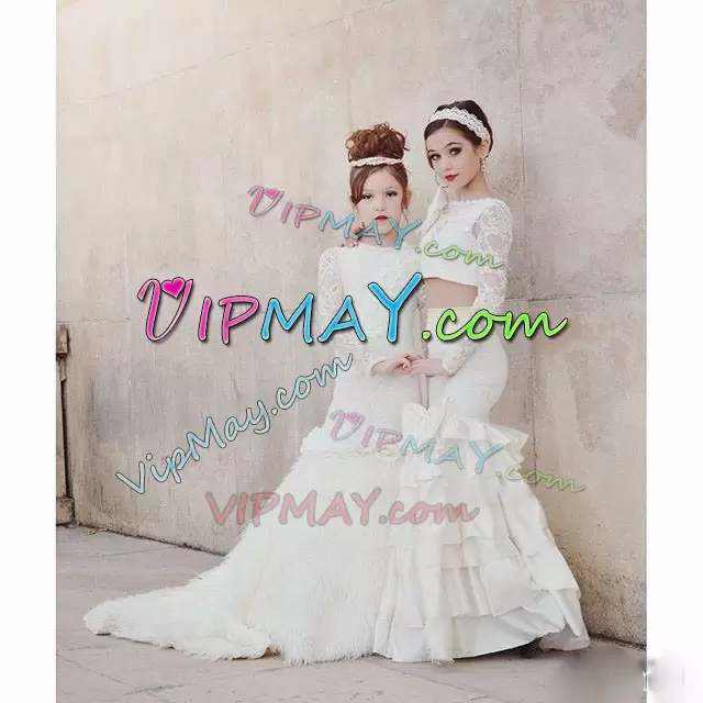 Long Sleeves Scoop Floor Length Beading and Lace and Ruffled Layers and Bowknot Wedding Dresses Scoop