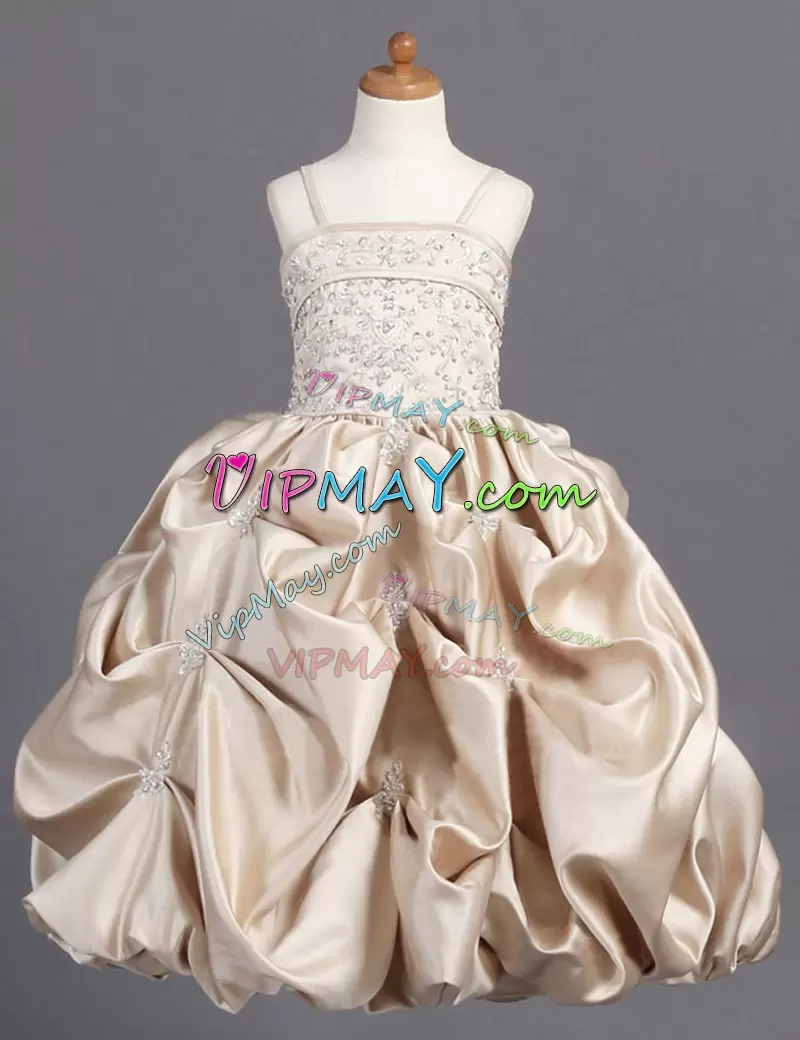 Champagne Ball Gowns Beading and Pick Ups Flower Girl Dresses Zipper Taffeta Sleeveless Floor Length