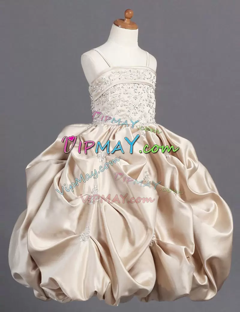 Champagne Ball Gowns Beading and Pick Ups Flower Girl Dresses Zipper Taffeta Sleeveless Floor Length