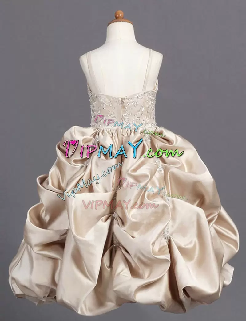 Champagne Ball Gowns Beading and Pick Ups Flower Girl Dresses Zipper Taffeta Sleeveless Floor Length