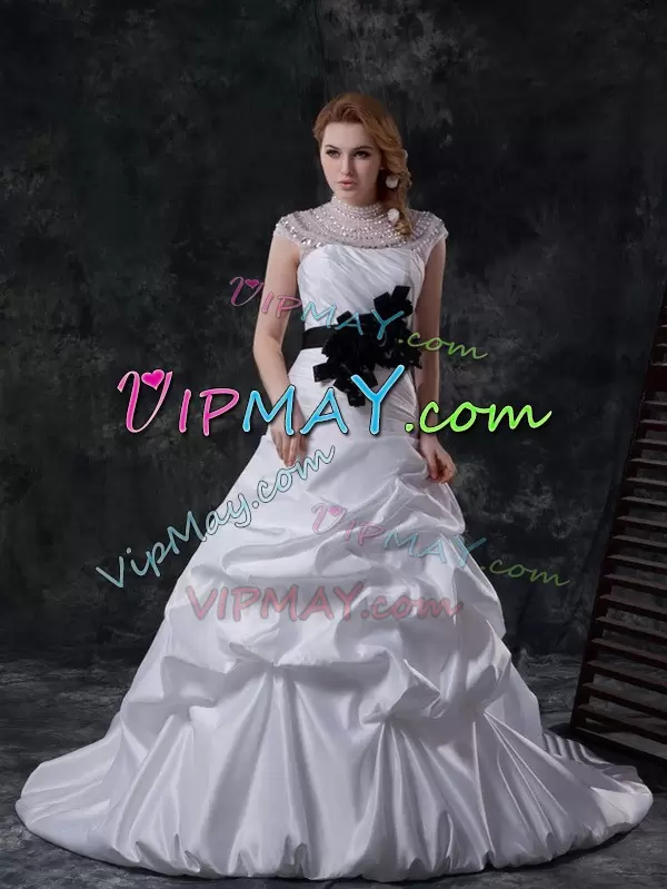 White Wedding Gowns Taffeta Brush Train Cap Sleeves Beading and Ruching and Pick Ups and Hand Made Flower