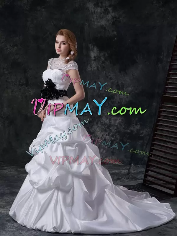 White Wedding Gowns Taffeta Brush Train Cap Sleeves Beading and Ruching and Pick Ups and Hand Made Flower