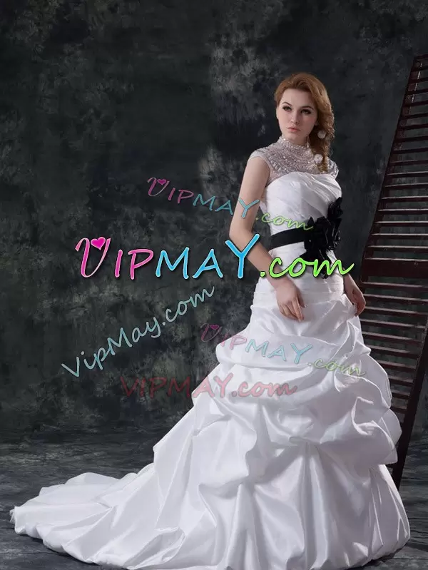 White Wedding Gowns Taffeta Brush Train Cap Sleeves Beading and Ruching and Pick Ups and Hand Made Flower