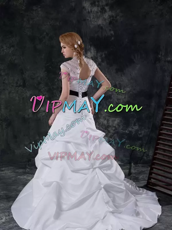 White Wedding Gowns Taffeta Brush Train Cap Sleeves Beading and Ruching and Pick Ups and Hand Made Flower