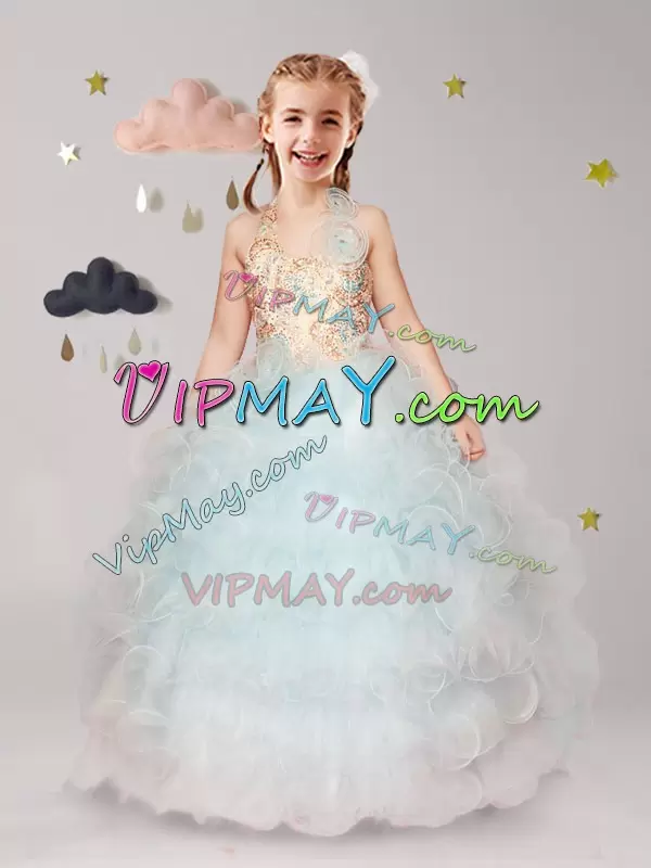 Modern Halter Top Sleeveless Organza Flower Girl Dresses Beading and Ruffles and Hand Made Flower Lace Up