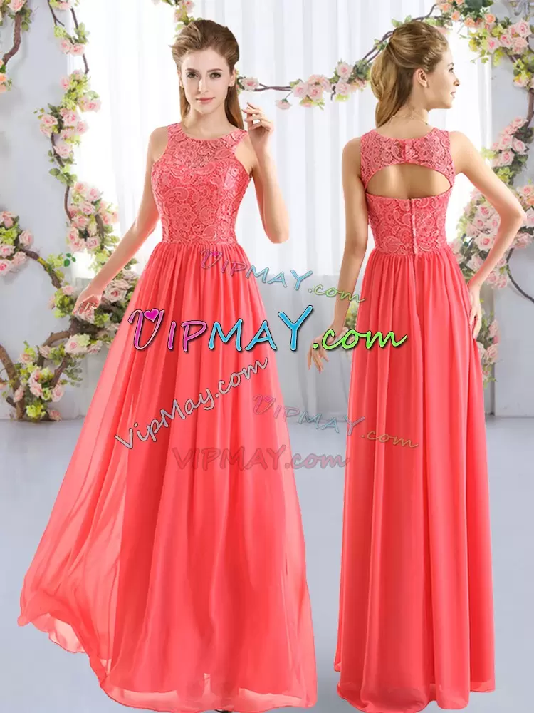 Amazing Scoop Sleeveless Wedding Guest Dresses Floor Length Lace Coral Red Chiffon