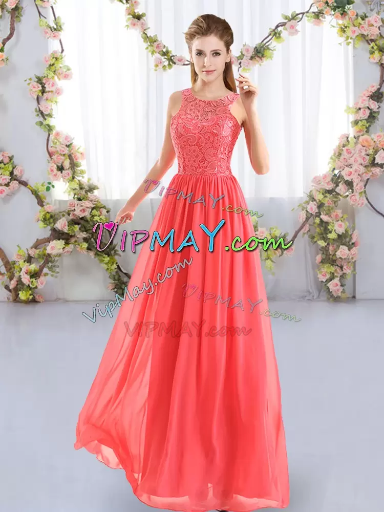 Amazing Scoop Sleeveless Wedding Guest Dresses Floor Length Lace Coral Red Chiffon