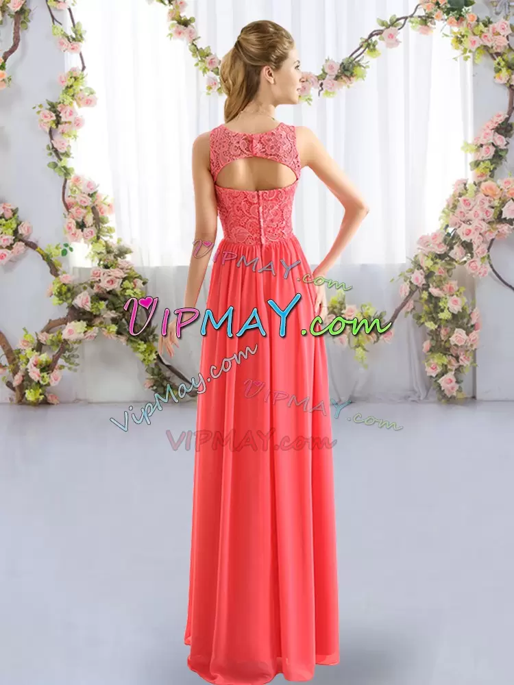 Amazing Scoop Sleeveless Wedding Guest Dresses Floor Length Lace Coral Red Chiffon