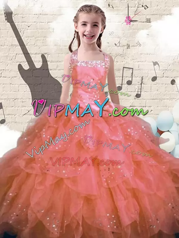 New Style Beading and Ruffles Pageant Dress Womens Pink Lace Up Sleeveless Floor Length