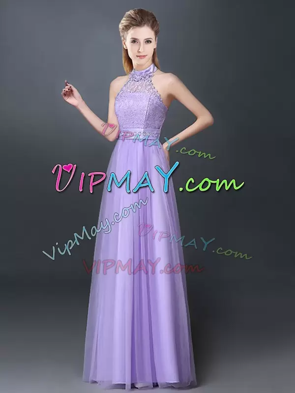 Inexpensive Lavender Quinceanera Court Dresses Prom and Party with Lace and Appliques Halter Top Sleeveless Lace Up