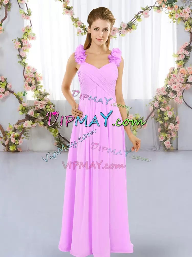 Fashion Straps Sleeveless Wedding Party Dress Floor Length Hand Made Flower Lilac Chiffon