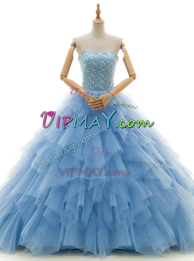 Latest Beading and Ruffles Wedding Gowns Baby Blue Lace Up Sleeveless With Train Court Train