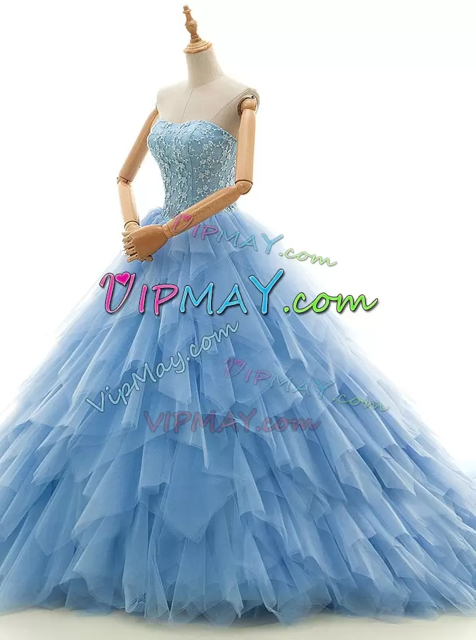 Latest Beading and Ruffles Wedding Gowns Baby Blue Lace Up Sleeveless With Train Court Train