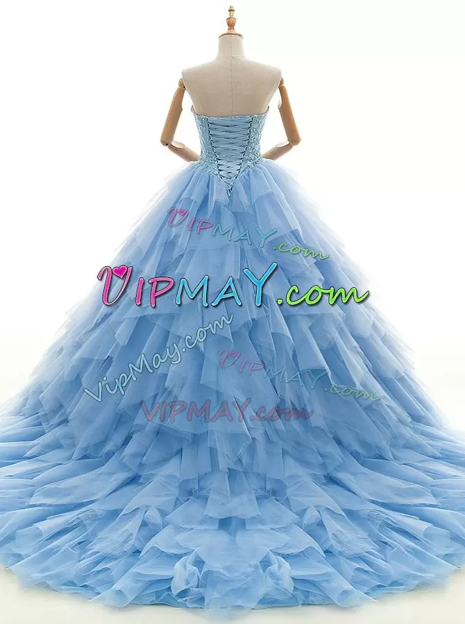 Latest Beading and Ruffles Wedding Gowns Baby Blue Lace Up Sleeveless With Train Court Train