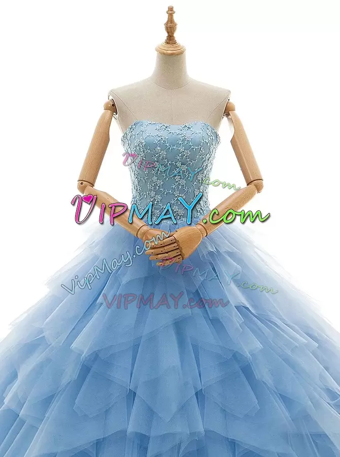 Latest Beading and Ruffles Wedding Gowns Baby Blue Lace Up Sleeveless With Train Court Train