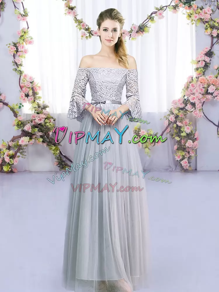 Most Popular Grey 3 4 Length Sleeve Lace and Belt Floor Length Wedding Party Dress