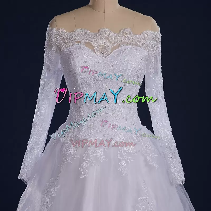 Suitable Off The Shoulder Long Sleeves Tulle Wedding Gowns Lace and Appliques Court Train Zipper