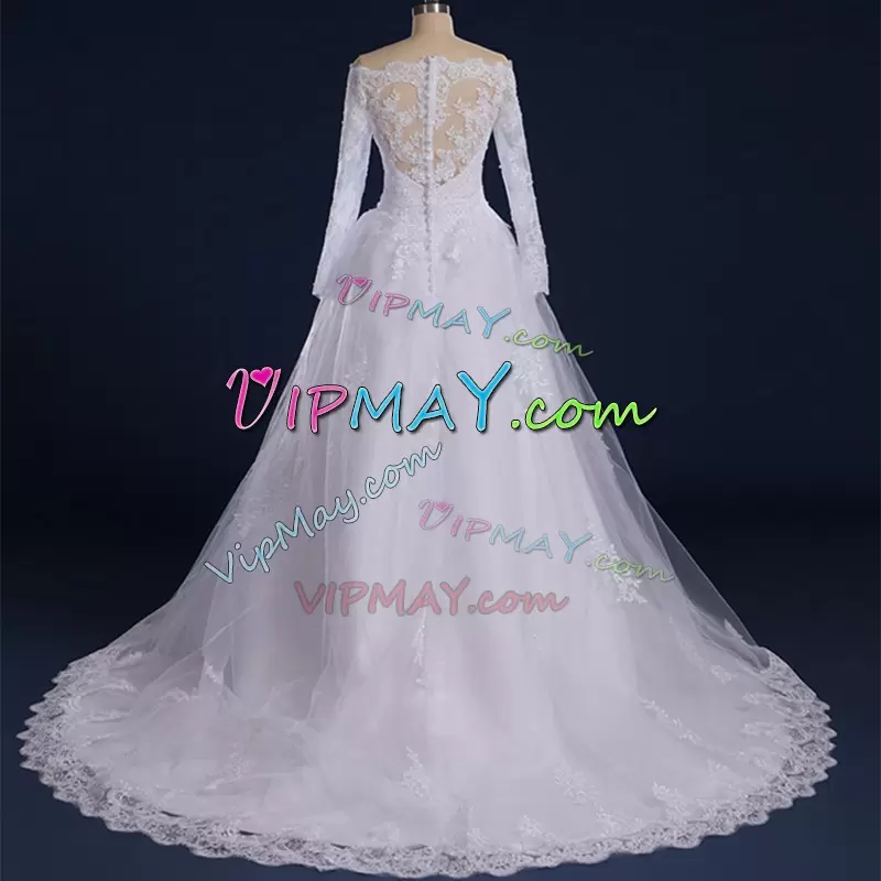 Suitable Off The Shoulder Long Sleeves Tulle Wedding Gowns Lace and Appliques Court Train Zipper