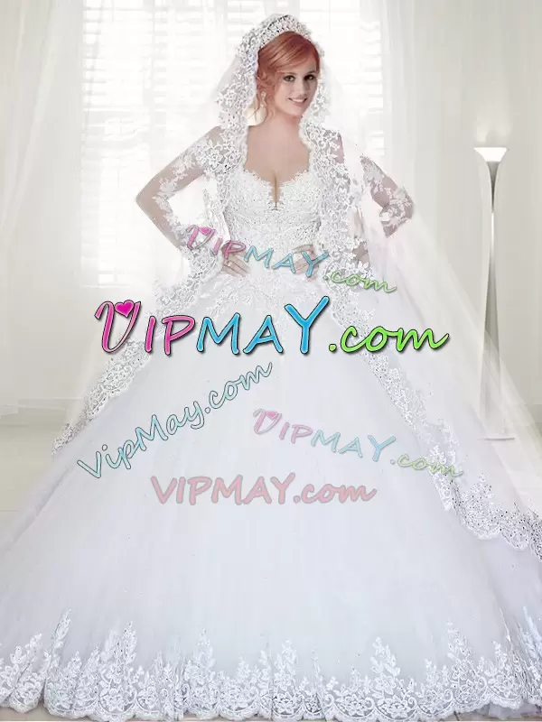 Dramatic White Tulle Zipper Off The Shoulder Long Sleeves With Train Wedding Dresses Chapel Train Beading and Lace and Appliques