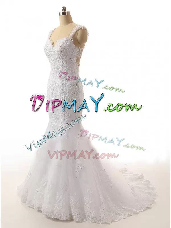 Sweetheart Sleeveless Wedding Gown Brush Train Lace and Appliques White Tulle