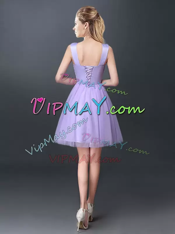 Scoop Sleeveless Bridesmaid Gown Mini Length Lace Lavender Tulle