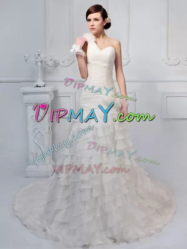 Classical One Shoulder Sleeveless Wedding Dress Brush Train Ruffled Layers and Ruching and Hand Made Flower White Organza