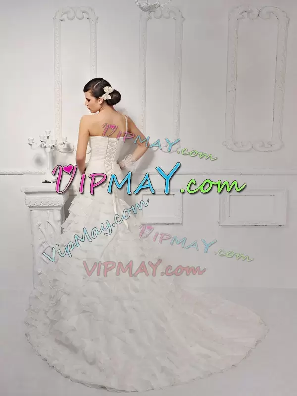 Classical One Shoulder Sleeveless Wedding Dress Brush Train Ruffled Layers and Ruching and Hand Made Flower White Organza