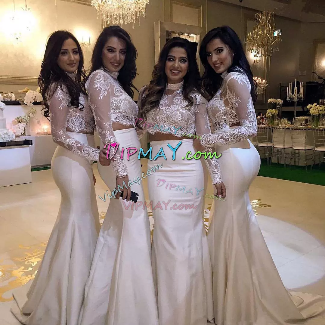 White Satin Lace Up High-neck Long Sleeves Bridesmaid Dresses Brush Train Lace