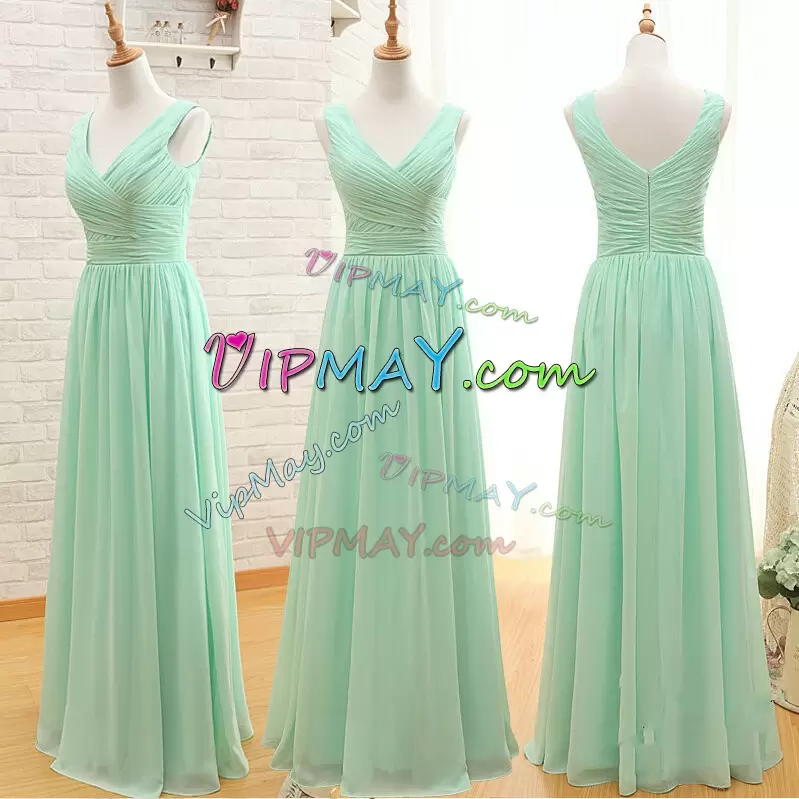 Sleeveless V-neck Floor Length Ruching Wedding Guest Dresses V-neck