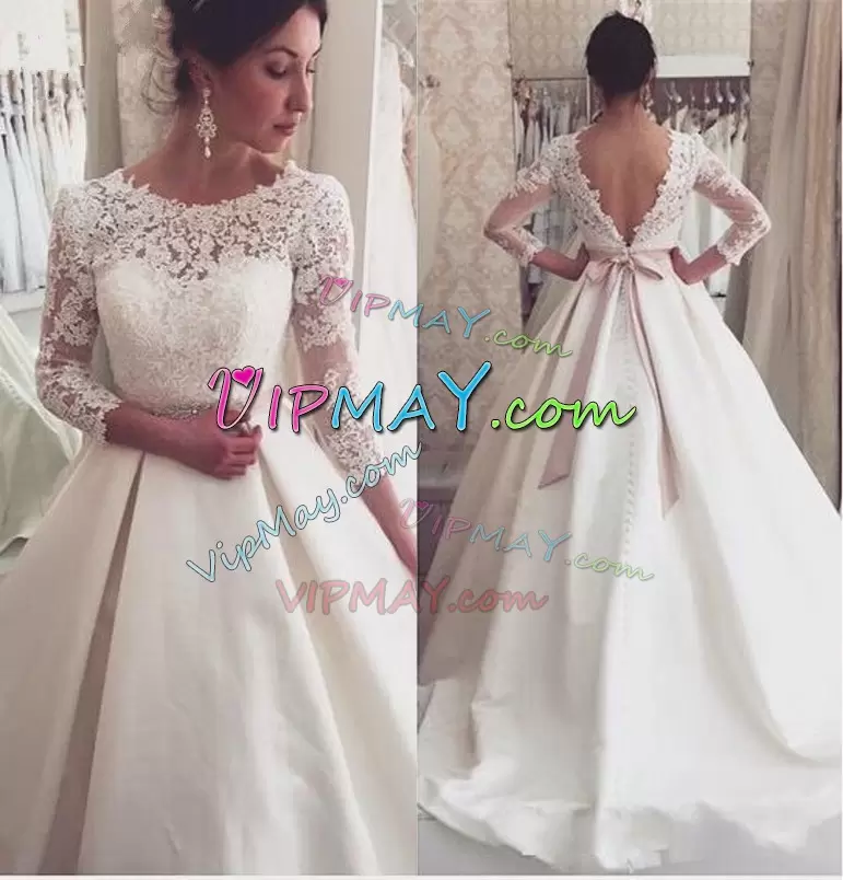 Most Popular White Scoop Backless Appliques and Belt Wedding Gown Brush Train 3 4 Length Sleeve