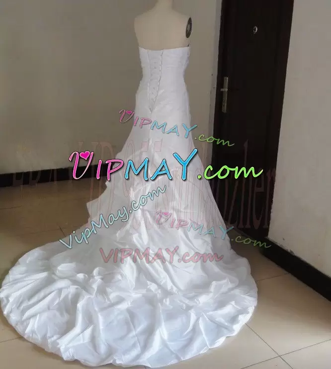 White A-line Sweetheart Sleeveless Organza Floor Length Court Train Lace Up Beading and Appliques and Ruching and Pick Ups Wedding Gowns