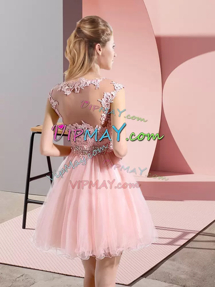 Exceptional Scoop Sleeveless Side Zipper Wedding Guest Dresses Baby Pink Tulle Beading and Lace