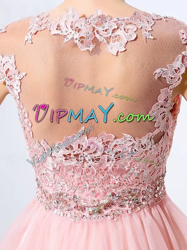Exceptional Scoop Sleeveless Side Zipper Wedding Guest Dresses Baby Pink Tulle Beading and Lace