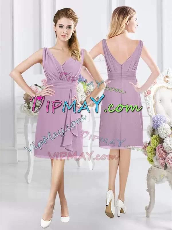 Lavender V-neck Neckline Ruching Bridesmaid Gown Sleeveless Zipper