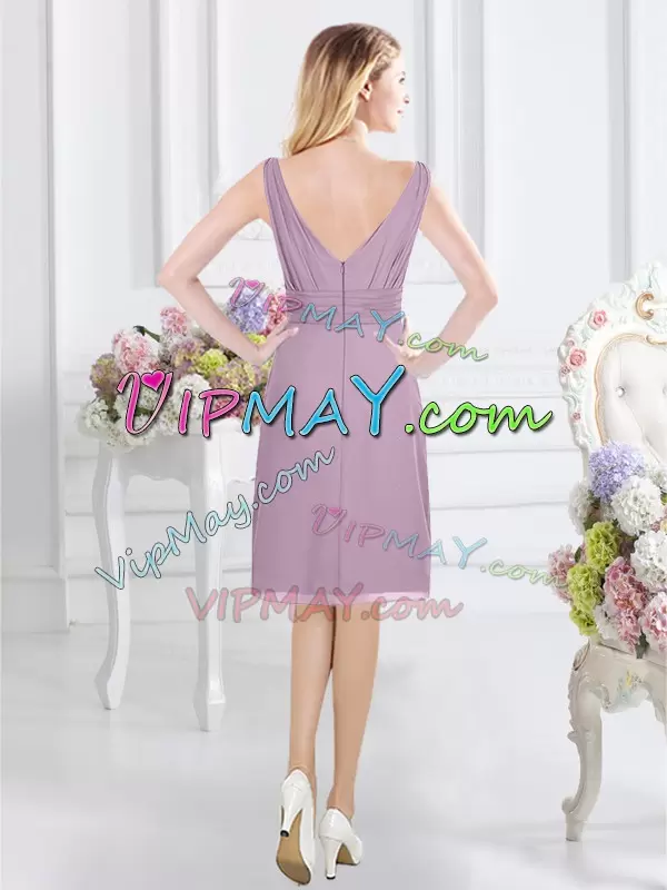 Lavender V-neck Neckline Ruching Bridesmaid Gown Sleeveless Zipper