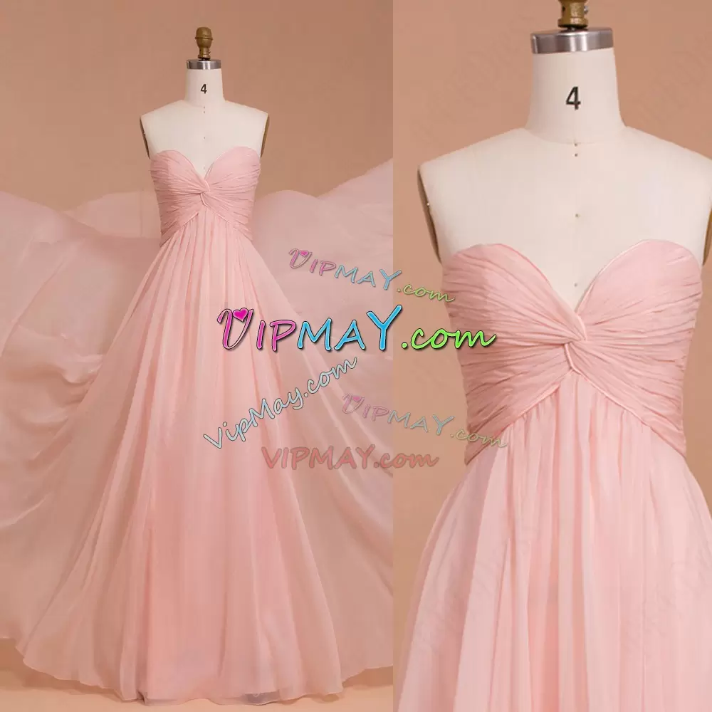 High Class Pink Empire Chiffon Sweetheart Sleeveless Ruching Floor Length Lace Up Wedding Guest Dresses