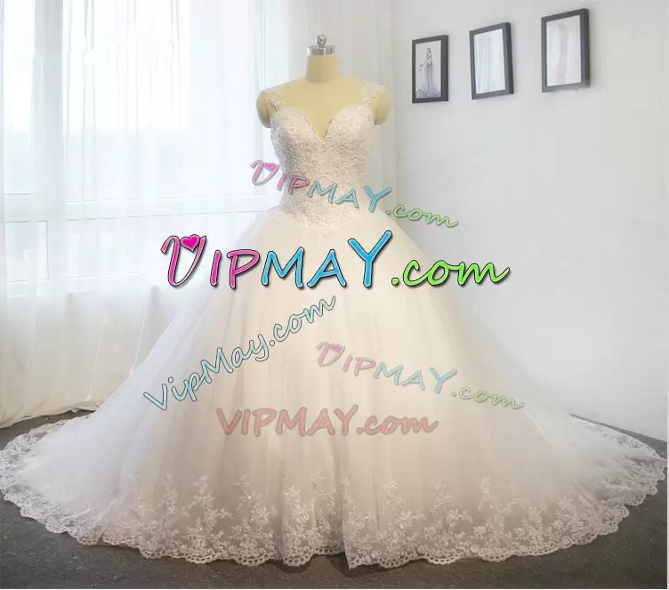 Cute White Wedding Gowns Straps Sleeveless Chapel Train Lace Up