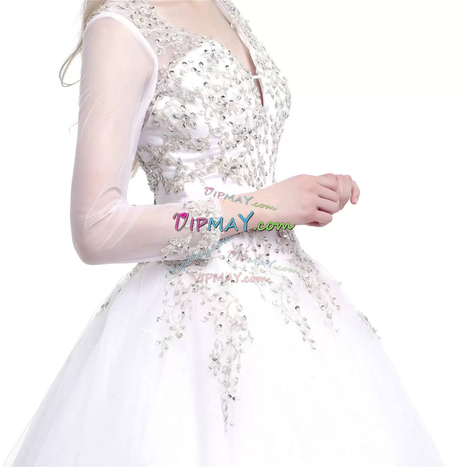 Cheap White A-line V-neck 3 4 Length Sleeve Tulle Floor Length Backless Beading and Appliques Celeb Inspired Gowns