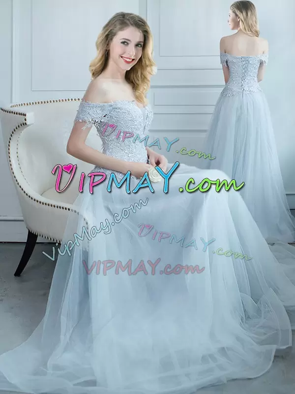 Cap Sleeves Off The Shoulder Lace Up Floor Length Beading and Appliques Wedding Party Dress Off The Shoulder