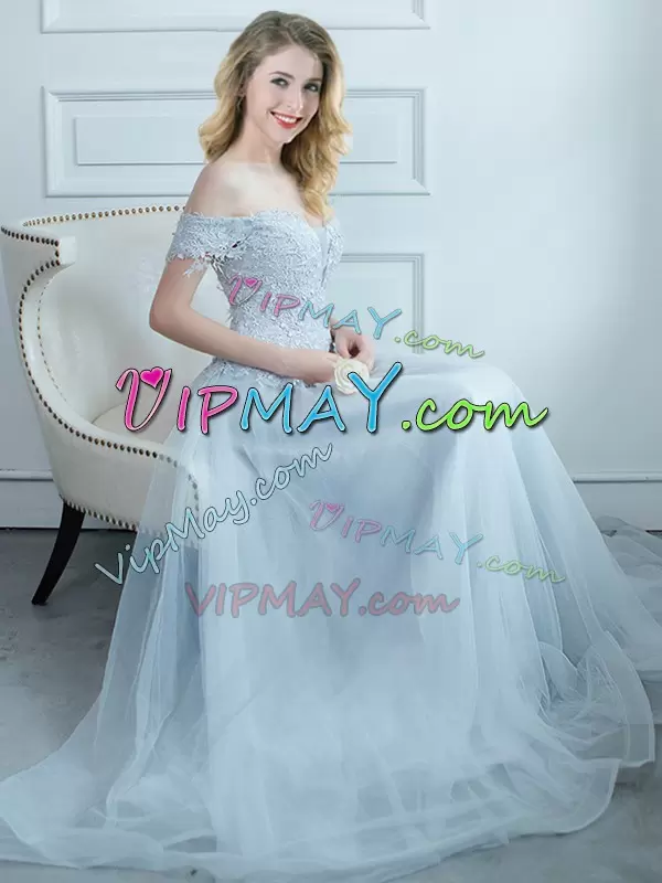 Cap Sleeves Off The Shoulder Lace Up Floor Length Beading and Appliques Wedding Party Dress Off The Shoulder